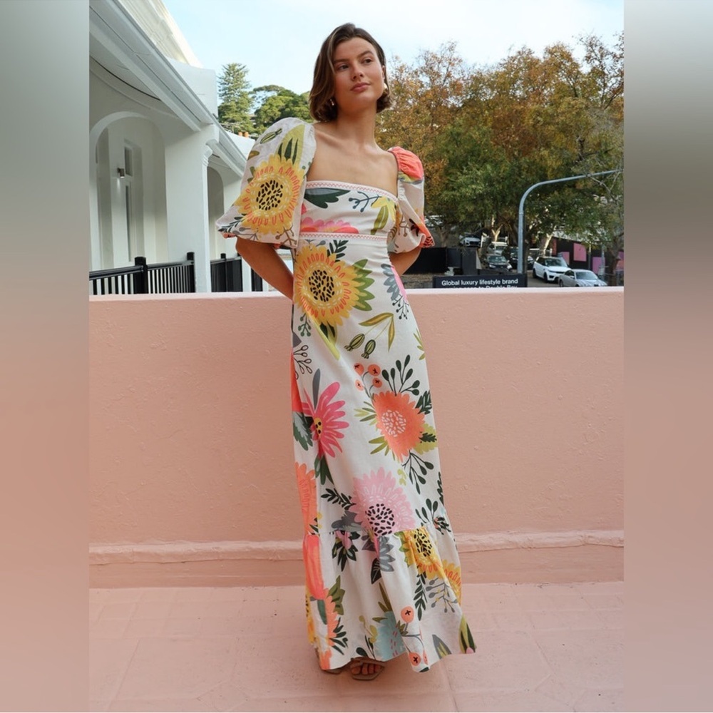 Vibrant Floral Maxi Dress with Puff Sleeves - Picture 2 of 9